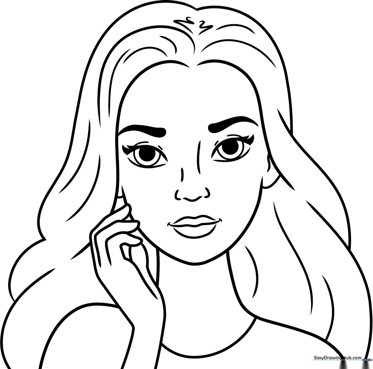 A clean, black-and-white line art illustration of a cheerful girl with stylish hair, designed for children to color with crayons or markers.