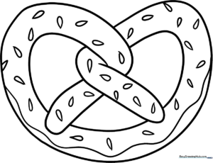 Black and white line art of a twisted pretzel with salt crystals, designed for children to color.