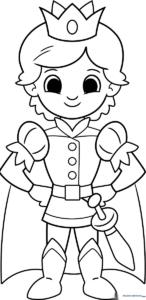 Black and white line art of a cartoon prince wearing a crown and royal cape, designed for children to color.