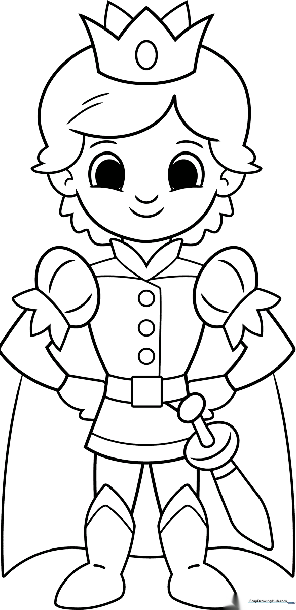 Black and white line art of a cartoon prince wearing a crown and royal cape, designed for children to color.