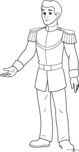 Black and white line art of Prince Charming standing in a royal pose, featuring clear outlines for easy coloring by children.