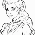 Line art of Princess Barbie wearing a detailed royal gown, ready for coloring with crayons or markers to practice staying within the lines.