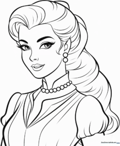 Line art of Princess Barbie wearing a detailed royal gown, ready for coloring with crayons or markers to practice staying within the lines.