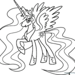 Black and white line art of Princess Celestia from My Little Pony, featuring her long flowing mane, regal horn, and wings, ready for coloring.