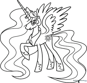 Black and white line art of Princess Celestia from My Little Pony, featuring her long flowing mane, regal horn, and wings, ready for coloring.