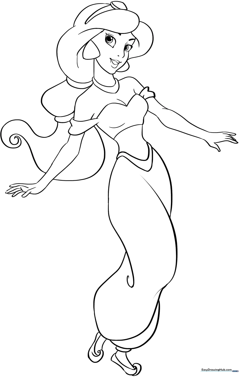 Black and white line art of Princess Jasmine from Aladdin, featuring her signature headband and jewelry, ready for children to color.