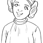 Line art illustration of Princess Leia with her signature hair buns, ready for children to color with crayons or markers.