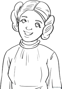 Line art illustration of Princess Leia with her signature hair buns, ready for children to color with crayons or markers.