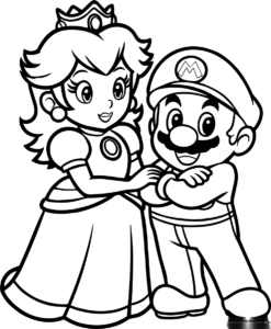 Black and white line art of Princess Peach standing next to Mario, featuring clear outlines for easy coloring by children.