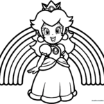 Line art illustration of Princess Peach standing under a large rainbow, ready for coloring with crayons or markers.