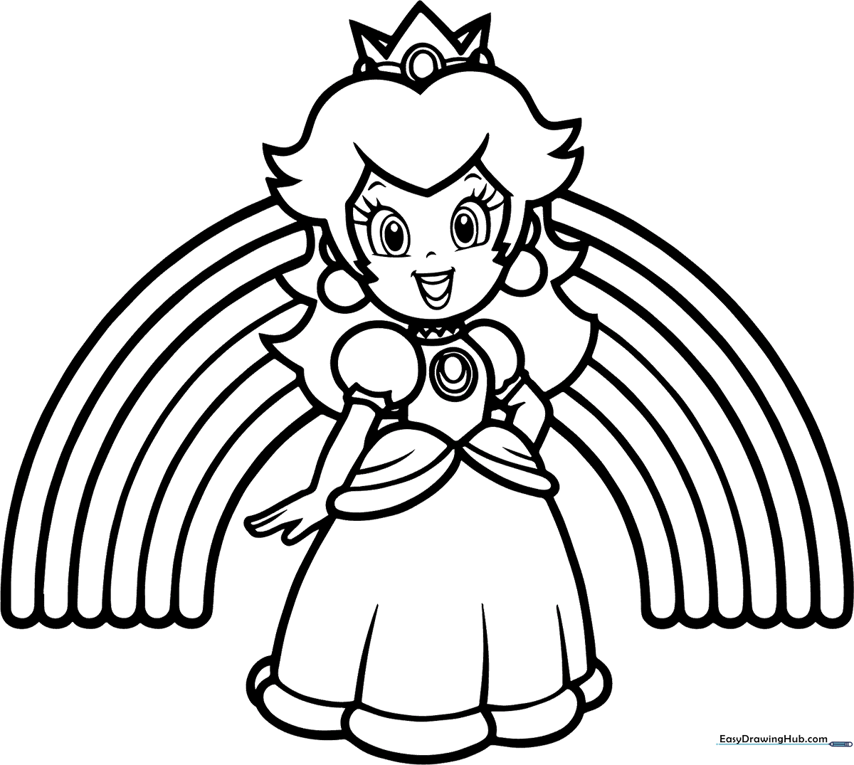 Line art illustration of Princess Peach standing under a large rainbow, ready for coloring with crayons or markers.