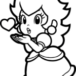 Line art illustration of Princess Peach blowing a kiss, featuring clear outlines for easy coloring and artistic practice.