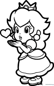 Line art illustration of Princess Peach blowing a kiss, featuring clear outlines for easy coloring and artistic practice.