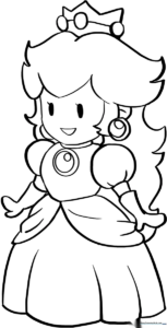 Princess Peach standing in her iconic pink gown with a friendly smile, outlined for coloring.