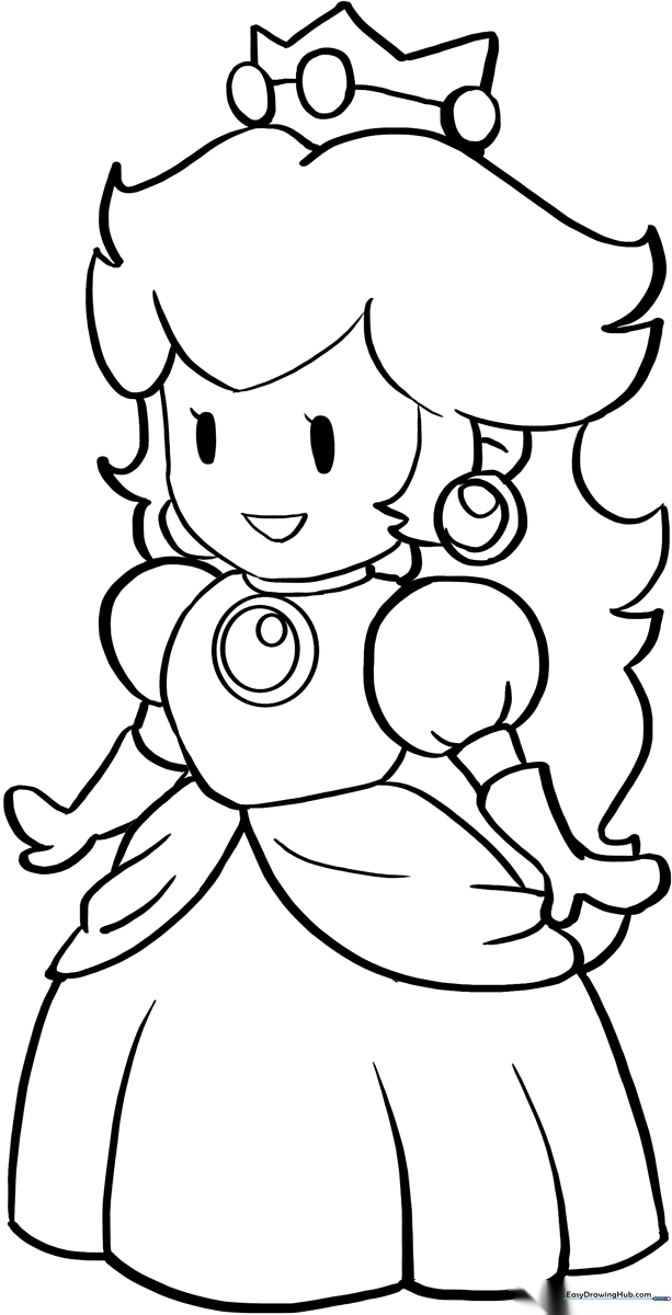 Princess Peach standing in her iconic pink gown with a friendly smile, outlined for coloring.