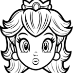Black and white line art of Princess Peach's face, featuring her signature crown, flowing hair, and friendly expression, ready for coloring.