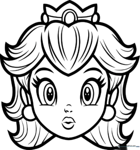 Black and white line art of Princess Peach's face, featuring her signature crown, flowing hair, and friendly expression, ready for coloring.