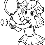 Princess Peach in a tennis outfit holding a racket, ready for a match, outlined for coloring on a white background.