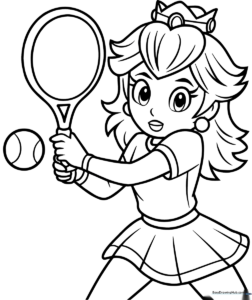 Princess Peach in a tennis outfit holding a racket, ready for a match, outlined for coloring on a white background.