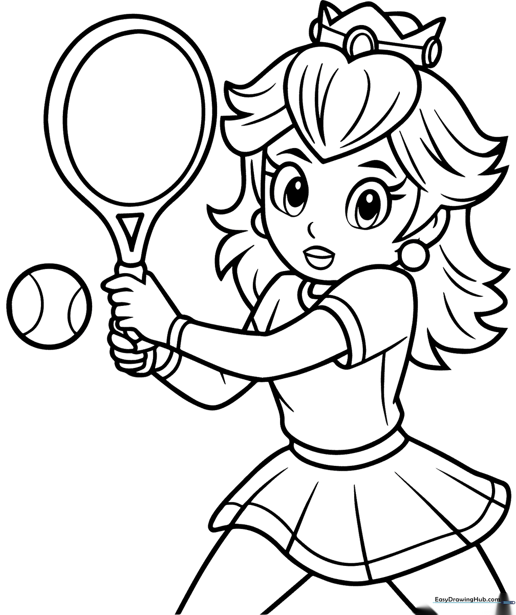 Princess Peach in a tennis outfit holding a racket, ready for a match, outlined for coloring on a white background.