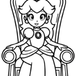 Princess Peach sitting regally on an ornate throne, wearing her crown and gown, outlined in bold black lines for easy coloring.