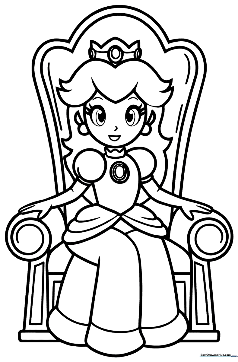 Princess Peach sitting regally on an ornate throne, wearing her crown and gown, outlined in bold black lines for easy coloring.