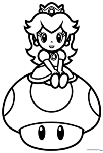 Princess Peach sitting gracefully on a large spotted Mario mushroom, featuring clear outlines for easy coloring and artistic customization.