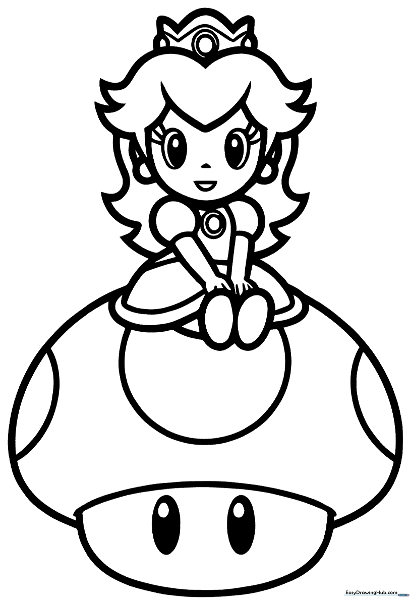 Princess Peach sitting gracefully on a large spotted Mario mushroom, featuring clear outlines for easy coloring and artistic customization.