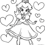 Black and white line art of Princess Peach surrounded by floating hearts, ready for children to color with crayons or markers.