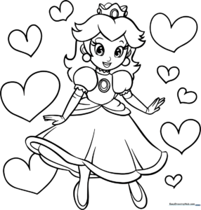 Black and white line art of Princess Peach surrounded by floating hearts, ready for children to color with crayons or markers.