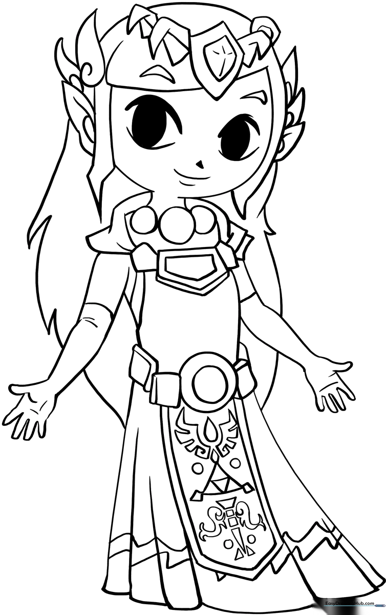 Detailed line art of Princess Zelda in her classic gown, featuring clear outlines for easy coloring by children.