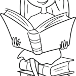 A printable line-art illustration of Matilda reading a book, designed for children to practice coloring skin tones and clothing textures.