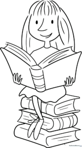 A printable line-art illustration of Matilda reading a book, designed for children to practice coloring skin tones and clothing textures.