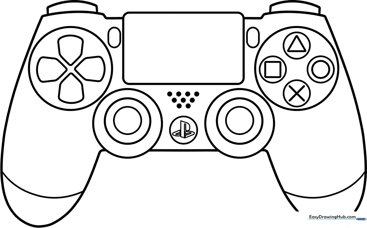 Black and white line art of a PS4 game controller with clear outlines, designed for children to color with markers or crayons.
