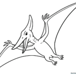 Black and white line art of a friendly Pteranodon with large wings and a crest, designed for children to color.