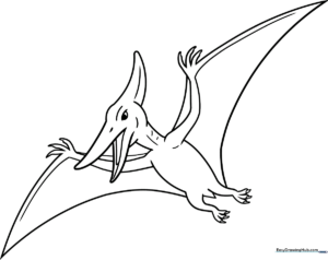 Black and white line art of a friendly Pteranodon with large wings and a crest, designed for children to color.