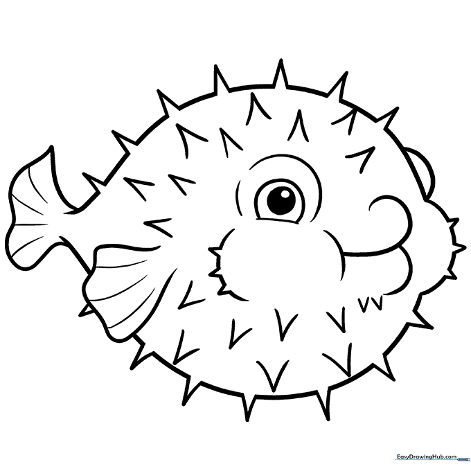 A friendly cartoon pufferfish with large eyes and soft spikes, featuring bold outlines for easy coloring by children.