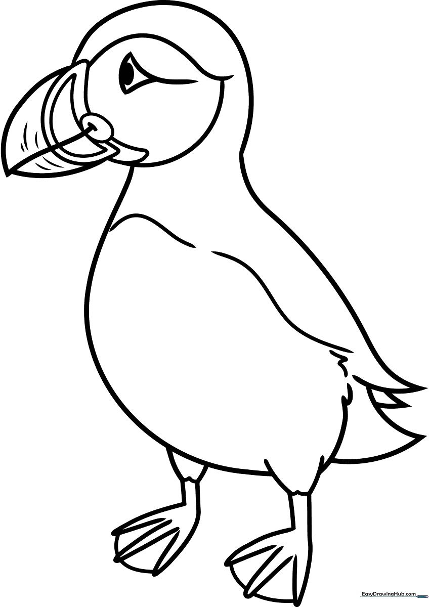 Black and white line art of a cute puffin with a large beak, designed for children to color with markers or crayons.