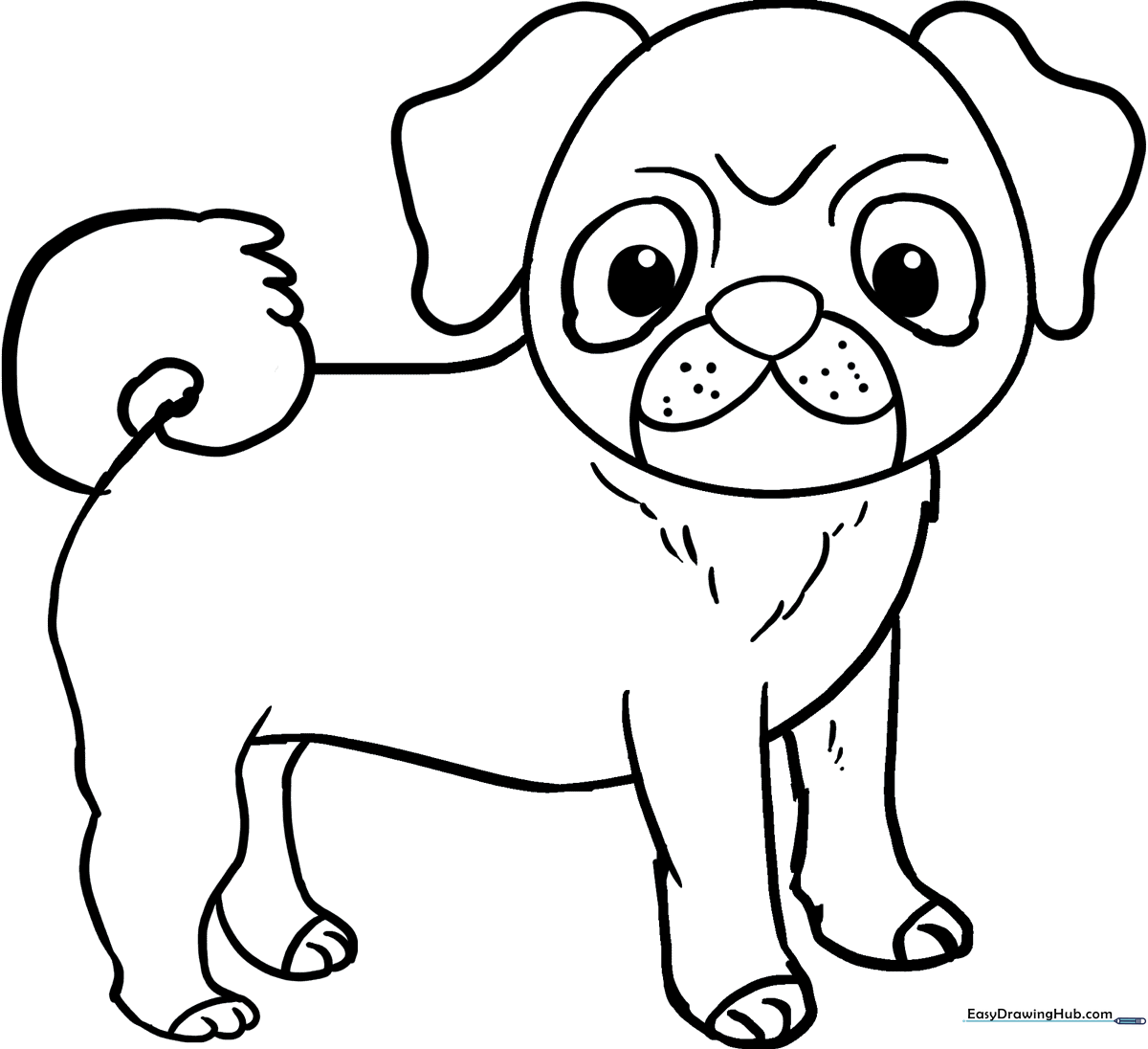 Black and white line art of a friendly pug sitting down, featuring clear outlines for easy coloring by children.
