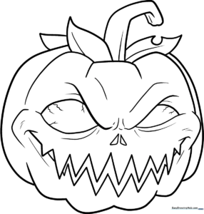 A spooky Jack-O'-Lantern coloring page featuring a jagged, toothy grin and glowing eyes, designed for kids to practice shading and bold color application.