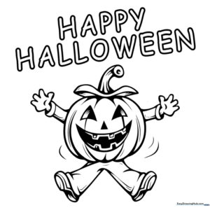 A friendly cartoon pumpkin character with a smiling face, wearing a hat, surrounded by 'Happy Halloween' text on a printable greeting card template.
