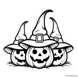A festive line-art illustration of a smiling pumpkin wearing a witch's hat, surrounded by magical Halloween elements, ready for coloring.