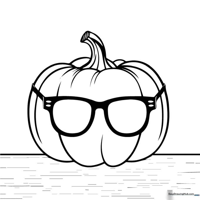 A friendly, round pumpkin wearing large circular glasses, featuring clean black outlines perfect for children to color with crayons or markers.