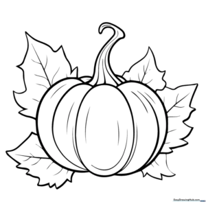 Black and white line art of a round pumpkin surrounded by large, textured leaves, designed for children to color.