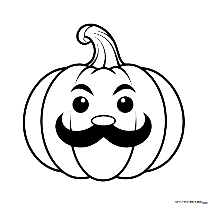 A friendly round pumpkin character wearing a large, curly handlebar mustache, outlined in bold black lines for easy coloring.