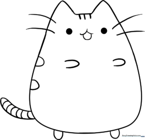 Black and white line art of Pusheen the Cat sitting, featuring clean outlines perfect for children to color with markers or crayons.