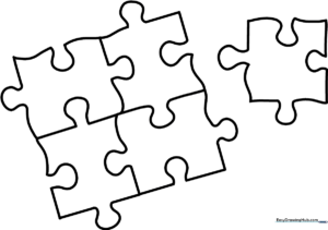 Black and white line art of a four-piece jigsaw puzzle with thick outlines, ideal for young children to practice coloring within the lines.