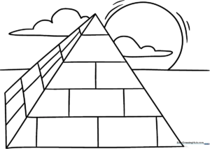 A simple, bold-lined coloring page of an Egyptian pyramid sitting on flat desert sand, designed for children to practice coloring within the lines.