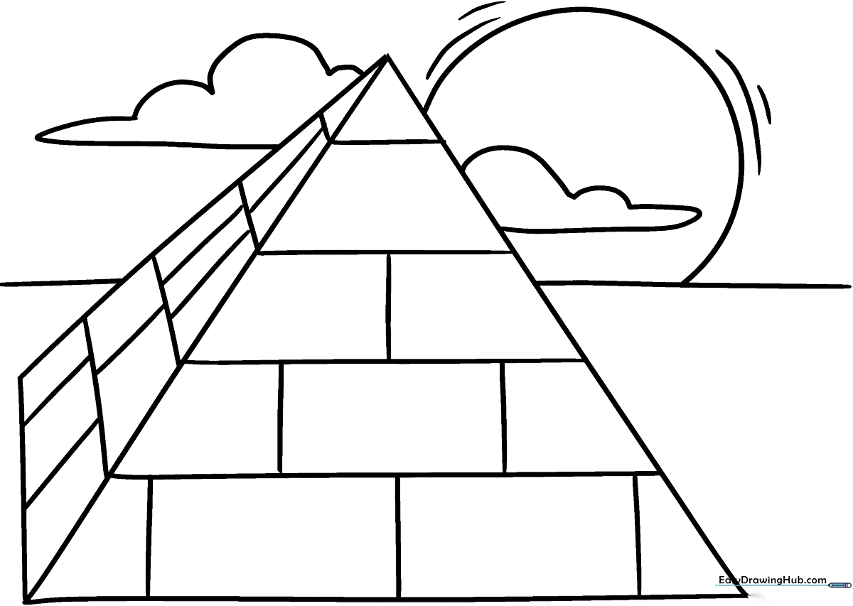 A simple, bold-lined coloring page of an Egyptian pyramid sitting on flat desert sand, designed for children to practice coloring within the lines.