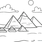 Black and white line art of the three Pyramids of Giza set against a desert horizon, designed for children to color.